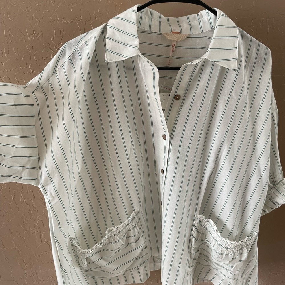 Free People Women’s Striped Button-Up 3/4 Sleeve Shirt with Pockets